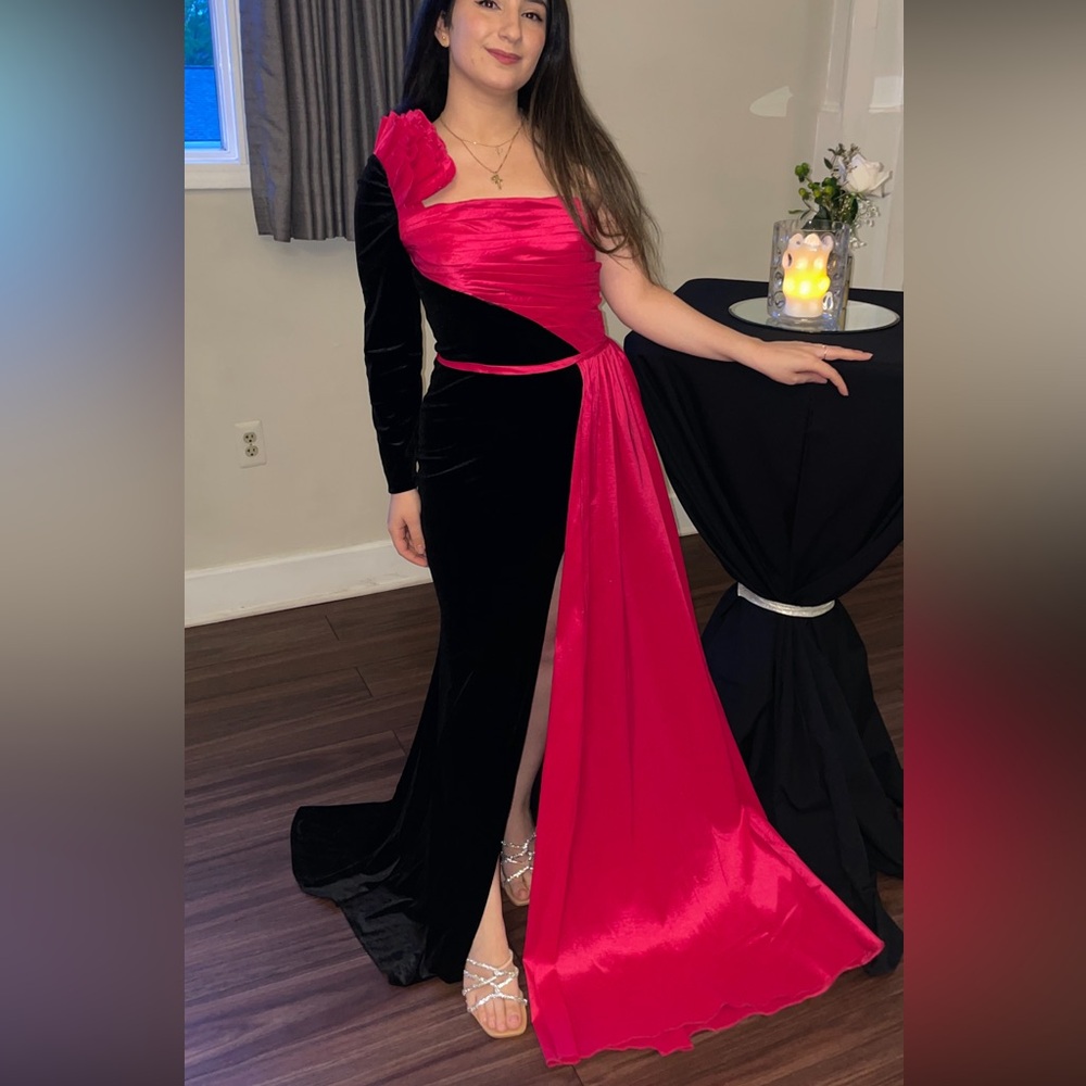 Black and Red Asymmetrical Slit Gown